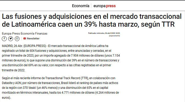Las fusiones y adquisiciones en el mercado transaccional de Latinoamrica caen un 39% hasta marzo, segn TTR
